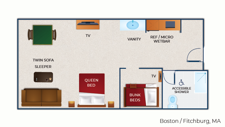 The floor plan for the accessible shower Wolf Pup Den Suite